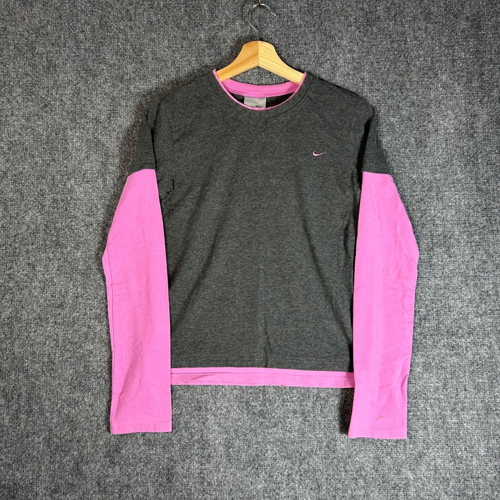 Nike Womens Long Sleeve Crew Neck Shirt Grey Pink Colorblock M